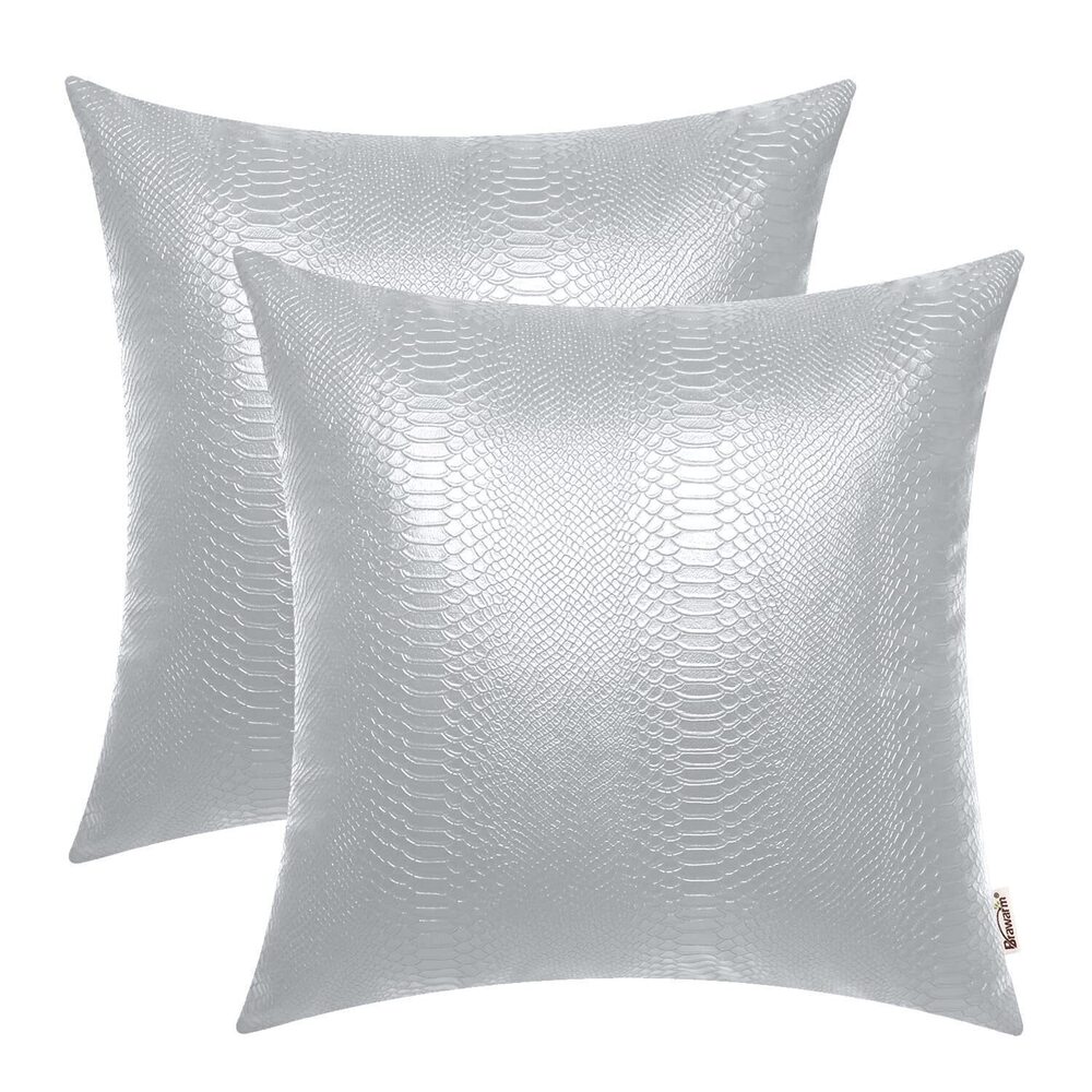 6593 Silver Leather Throw Pillows 18 X 18 Inches, Snake Leather Pillow